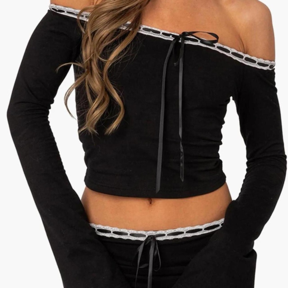 Black Off-Shoulder Top with Lace Trim